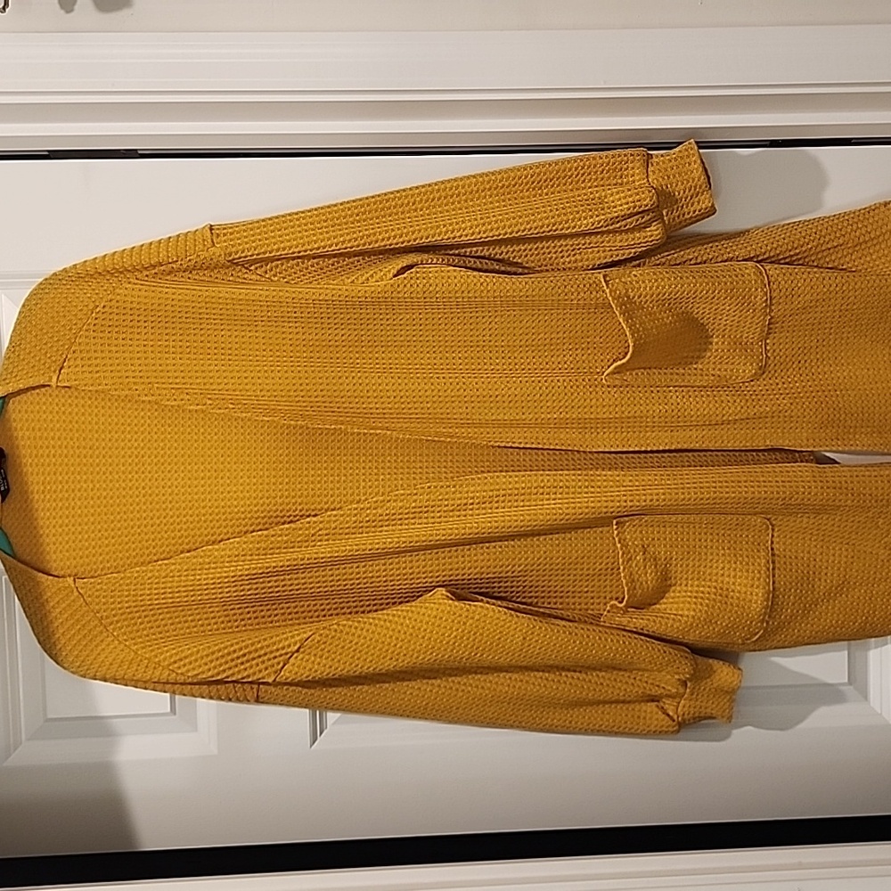 Bloomchic Mustard Waffle Knit Cardigan With Front Pockets 1x